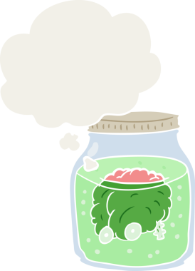 Kavanozda bir insan tarafından çizilmiş, geçmişe dönük bir düşünce baloncuğu olan karikatürlü ürkütücü beyin.