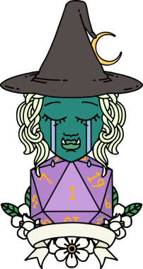 Retro Dövme Tarzı Ağlayan Yarı Ork Cadı Karakteri Bir insan tarafından çizilmiş doğal bir rulo