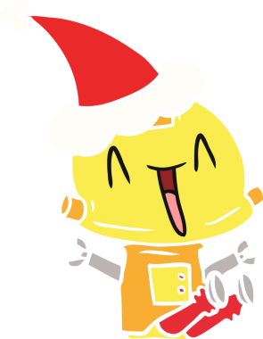 Bir insan tarafından çizilmiş Noel Baba şapkası takan bir robotun düz renkli çizimi