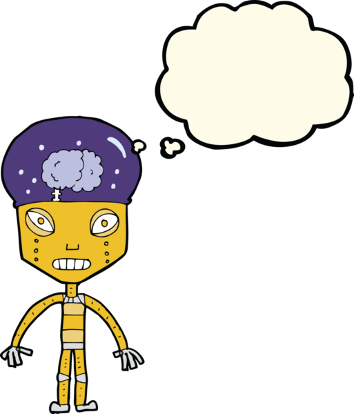 Bir insan tarafından çizilmiş düşünce baloncuklu garip robot.