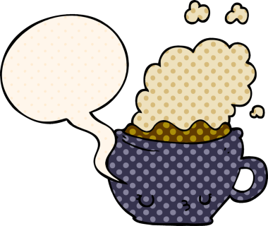 Bir insan tarafından çizilmiş çizgi roman tarzında konuşma balonu olan şirin bir kahve fincanı.