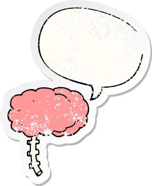 Konuşma baloncuğu olan çizgi film beyni bir insan tarafından çizilmiş sıkıntılı eski bir çıkartma.