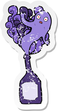 Şişede bir insan tarafından çizilmiş karikatür hayalet etiketi.