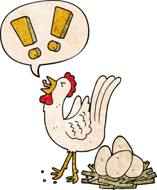 Çizgi film tavuğu yumurtluyor. Konuşma baloncuğuyla birlikte insan tarafından çizilmiş eski dokular.