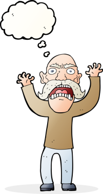 Bir insan tarafından çizilmiş düşünce baloncuğu olan kızgın yaşlı bir adam.
