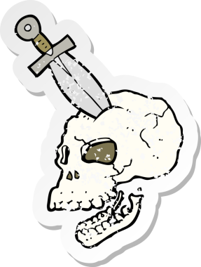 Bir insan tarafından çizilmiş kafatasına saplanmış bir karikatür çıkartması.