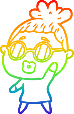 Bir insan tarafından çizilmiş gözlük takan bir karikatür kadının çizimi.