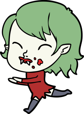 Bir insan tarafından çizilmiş yanağında kan olan vampir kız çizgi filmi.