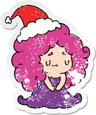 Bir insan tarafından çizilmiş Kawai kızının, sıkıntılı bir Noel çıkartması.
