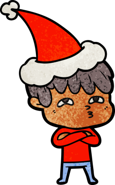 Bir insan tarafından çizilmiş Noel Baba şapkası giyen meraklı bir adamın el çizimi karikatürü.