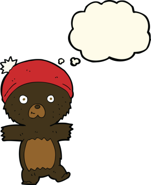 Bir insan tarafından çizilmiş düşünce baloncuğu olan sevimli siyah ayı.