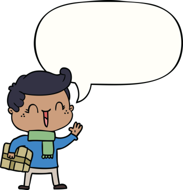 Bir insan tarafından çizilmiş konuşma balonlu gülen çocuk.