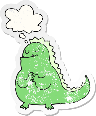 Düşünce baloncuğu olan karikatür dinozoru bir insan tarafından çizilmiş yıpranmış bir çıkartma.