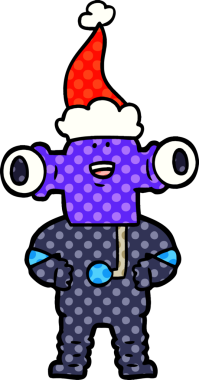 Bir insan tarafından çizilmiş Noel Baba şapkası giymiş bir uzaylının çizgi roman çizimi.