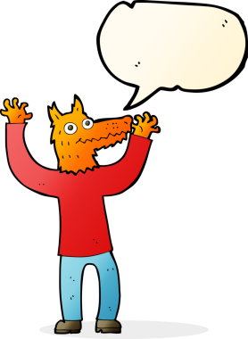 Bir insan tarafından çizilmiş konuşma balonlu tilki adam.