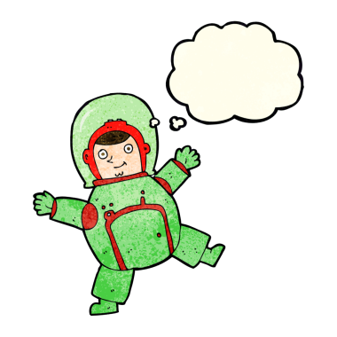 Bir insan tarafından çizilmiş düşünce baloncuklu astronot.