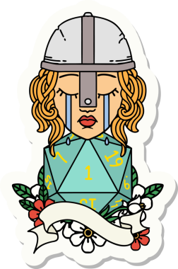 Ağlayan bir insan dövüşçüsünün çıkartması. Bir insan tarafından çizilmiş doğal bir D20 rulosu.