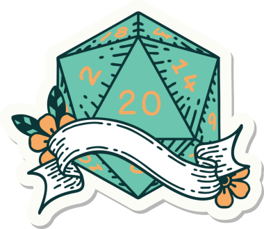 Bir insan tarafından çizilmiş 20 D20 zarının çıkartması.