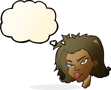 Bir insan tarafından çizilmiş düşünce baloncuklu kadın yüzü.