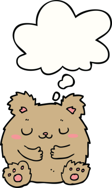 Bir insan tarafından çizilmiş düşünce baloncuğu olan sevimli çizgi film ayısı.