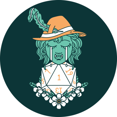 Hüzünlü yarı ork ozan karakteri simgesi. Bir insan tarafından çizilmiş doğal bir d20 rulo.