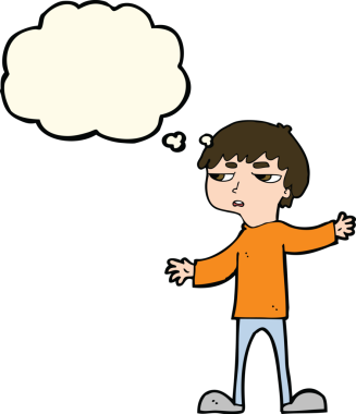 Bir insan tarafından çizilen düşünce baloncuğuyla sinirlenmiş bir çocuk.