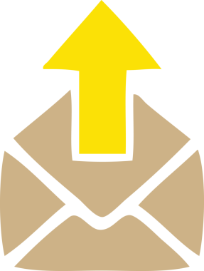 Bir insanın çizdiği okun olduğu bir zarfın düz renkli retro karikatürü