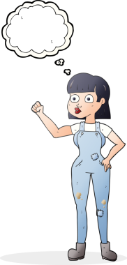 Düşünce baloncuğu çizen kadın bir insan tarafından çizilmiş yumruğunu sıkıyor.