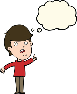 Çizgi filmci bir insan tarafından çizilmiş düşünce baloncuğuyla soru soruyor.