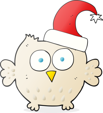 Bir insan tarafından çizilmiş Noel şapkası takan küçük baykuş çizimi.