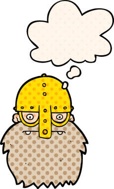 Bir insan tarafından çizilmiş çizgi roman tarzı düşünce baloncuklu viking yüzü.