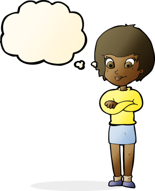 Bir insan tarafından çizilmiş düşünce baloncuğu olan gururlu bir kadın.