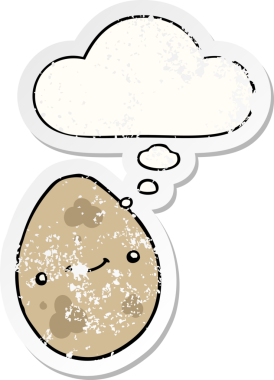 Düşünce baloncuklu çizgi film yumurtası insan tarafından çizilmiş yıpranmış bir çıkartma gibi.