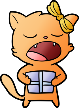 Bir insan tarafından çizilmiş Noel hediyeli çizgi film kedisi.