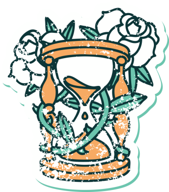 Bir saat bardağın ve bir insanın çizdiği çiçeklerin sembolik desenli dövmesi.