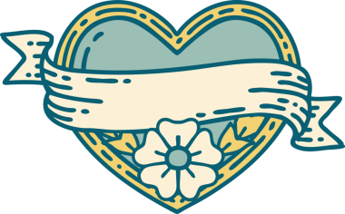 İkonik dövme stili bir kalp ve bir insan tarafından çizilmiş çiçekli pankart.