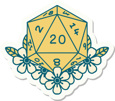 Bir insan tarafından çizilmiş 20 D20 zarının etiketi.