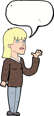 Bir insan tarafından çizilen konuşma baloncuğuyla açıklayan çizgi film kadını.