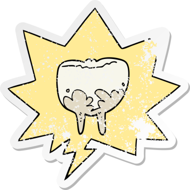 Konuşma baloncuğu olan çizgi film dişleri bir insan tarafından çizilmiş sıkıntılı eski bir çıkartma.