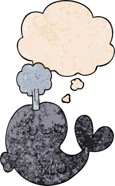 Bir insan tarafından çizilmiş grunge desenli düşünce baloncuğu olan sevimli bir çizgi film balinası.