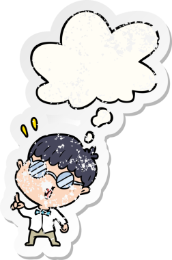 Düşünce baloncuğu olan zeki çocuk bir insan tarafından çizilmiş yıpranmış bir çıkartma.