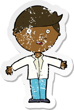 Bir insan tarafından çizilmiş sıradan ceketli bir çizgi film karakterinin gerilimli çıkartması.