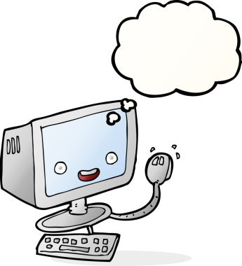 Bir insan tarafından çizilmiş düşünce baloncuklu çizgi film bilgisayarı.