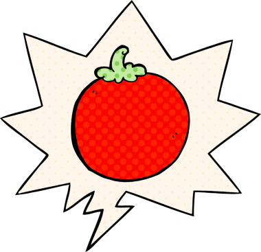 Bir insan tarafından çizilmiş çizgi roman tarzında konuşma baloncuklu domates.