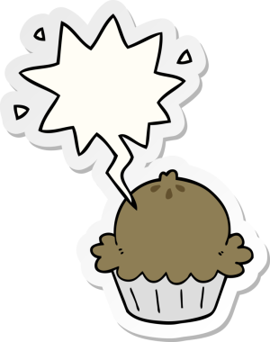 Bir insan tarafından çizilmiş baloncuk çıkartmalı şirin bir çizgi film pastası.