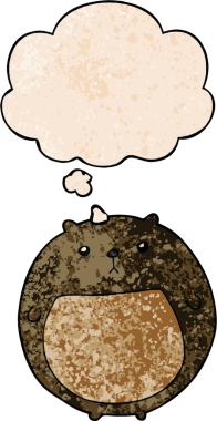 Bir insan tarafından çizilmiş grunge desenli düşünce baloncuklu çizgi film ayısı.