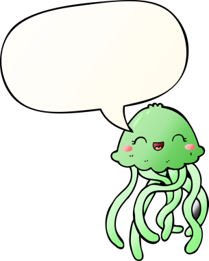 Bir insan tarafından çizilmiş konuşma baloncuklu şirin çizgi film denizanası.