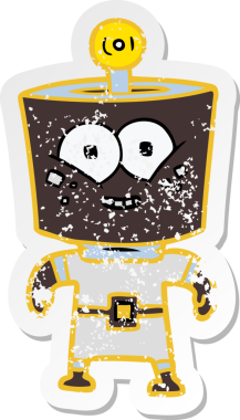 Bir insan tarafından çizilmiş mutlu enerjili çizgi film robotunun sıkıntılı çıkartması.