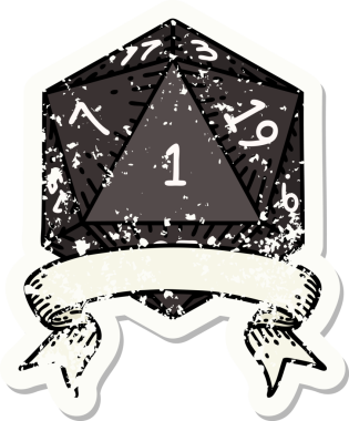 Bir insan tarafından çizilmiş doğal bir d20 zarının grunge çıkartması.