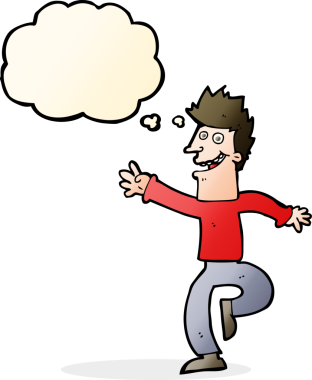 Bir insan tarafından çizilmiş düşünce balonlu mutlu adam çizgi filmi.